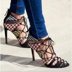 ZARA Women Lace Up Heels Black Aztec Woven Stilettos Sandals Size 36 /5.5